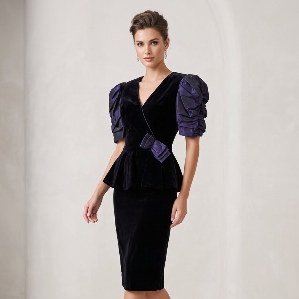 VNTG 80s Violet Velvet Peplum Avant Garde Style Party Dress prom formal Gatsby 8